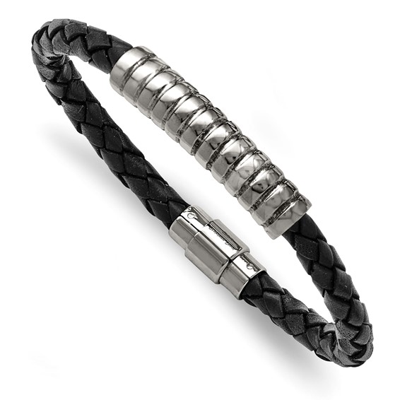 Stainless Steel Polished Woven Black Leather Necklace